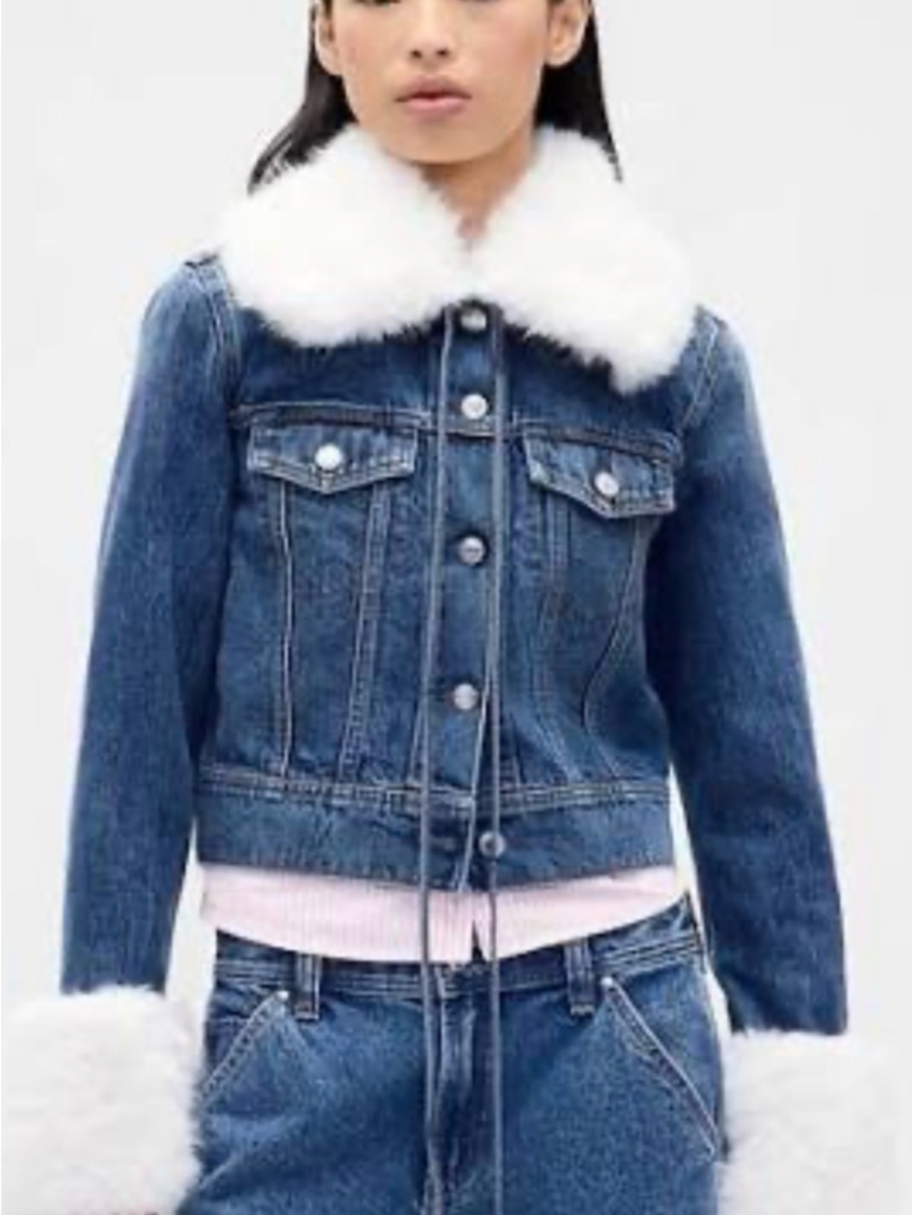 NWT Sandy Liang x GAP Blue Denim Jacket with White Faux Fur Collar & Cuffs
